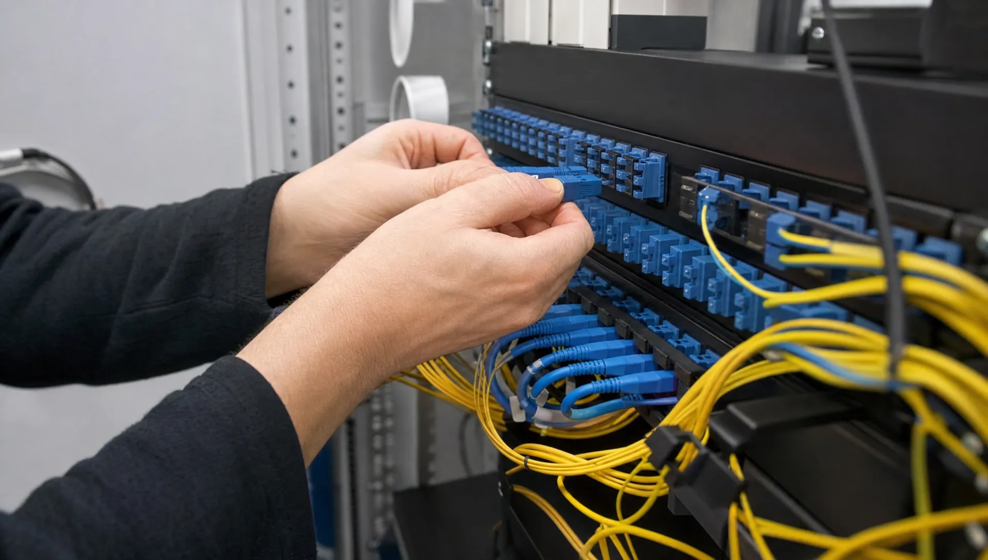 Close-up van handen die een glasvezelconnector in een patchpaneel plaatsen, met vezelbundels en patchkabels zichtbaar in een kleine technische ruimte.