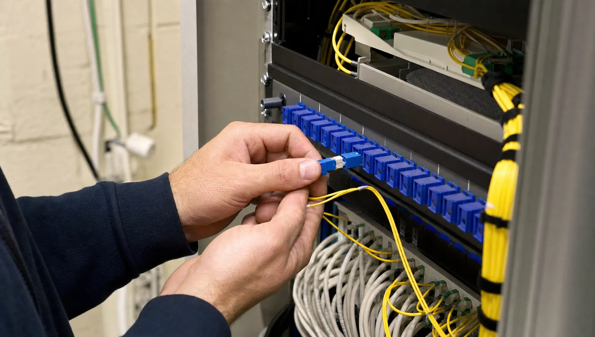 Close-up van handen die een glasvezelconnector in een patchpaneel plaatsen in een klein technisch vertrek, met vezelbundels en patchkabels eromheen.