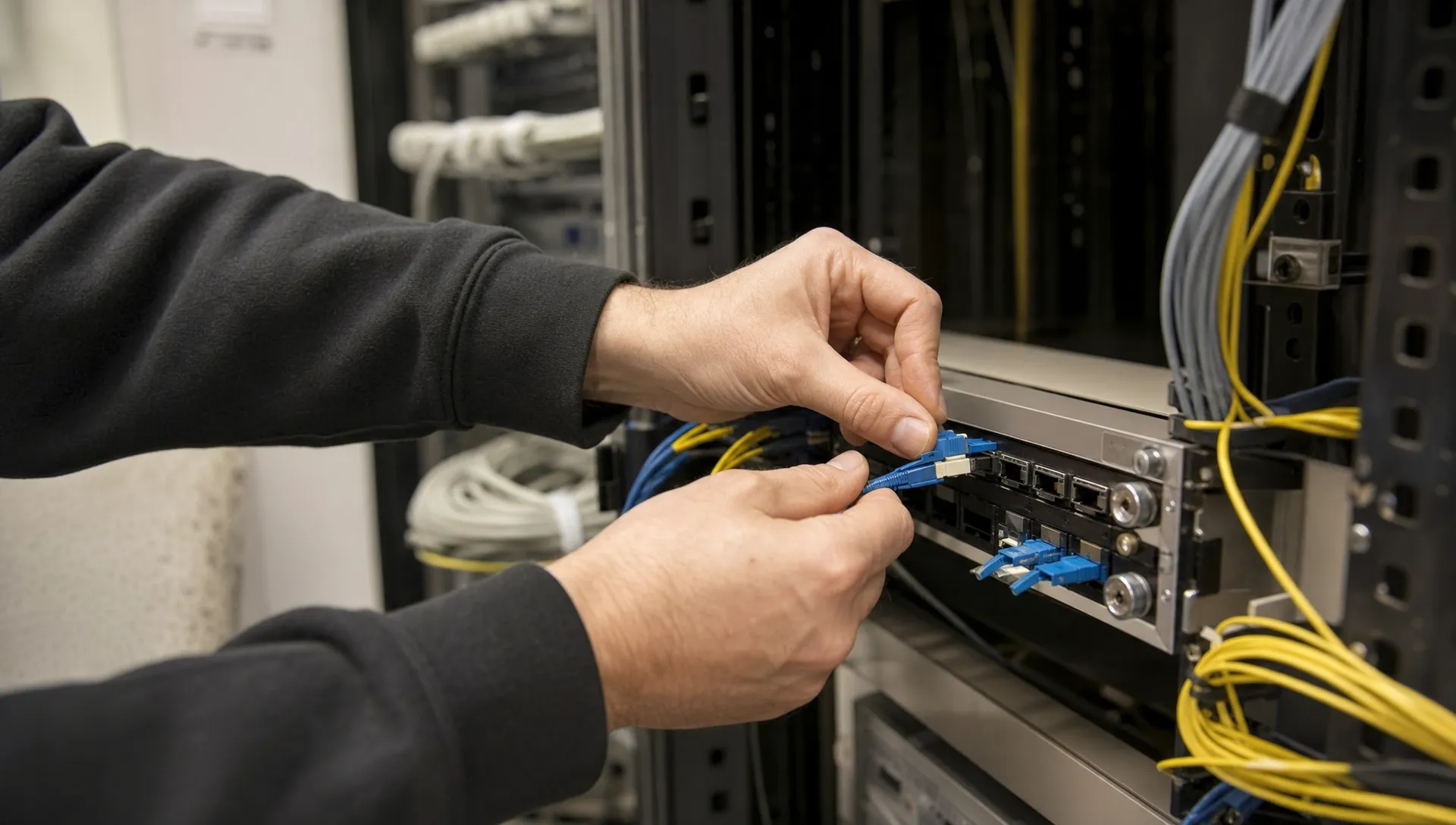 Close-up van handen die een glasvezelconnector plaatsen in een patchpaneel in een kleine technische ruimte, met vezelbundels en patchkabels zichtbaar tijdens een fiber verbinding tussen bedrijfslocaties.