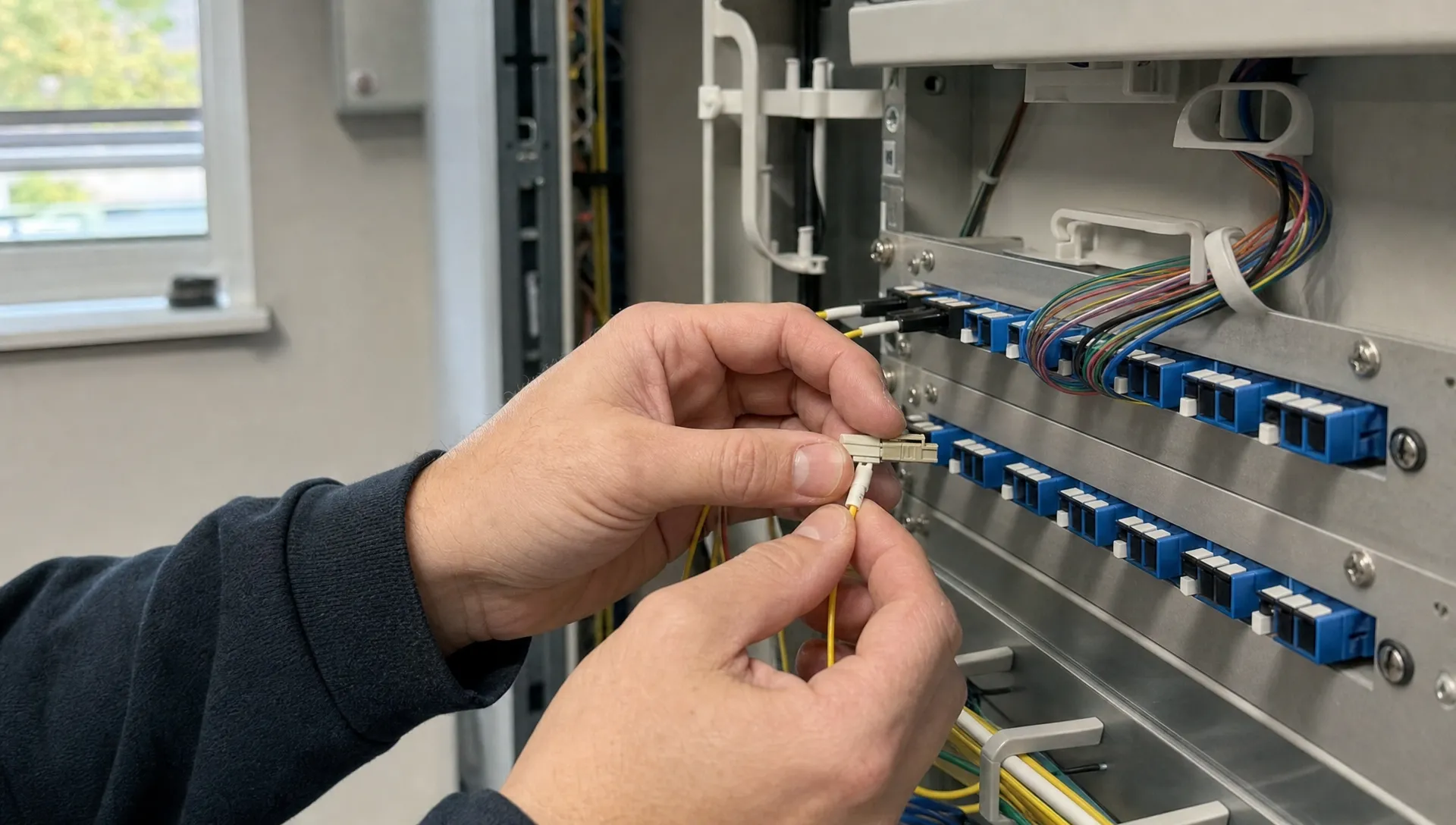 Close-up van handen die een glasvezelconnector plaatsen in een patchpaneel in een kleine technische ruimte, met bundels glasvezel en Nederlands daglicht.