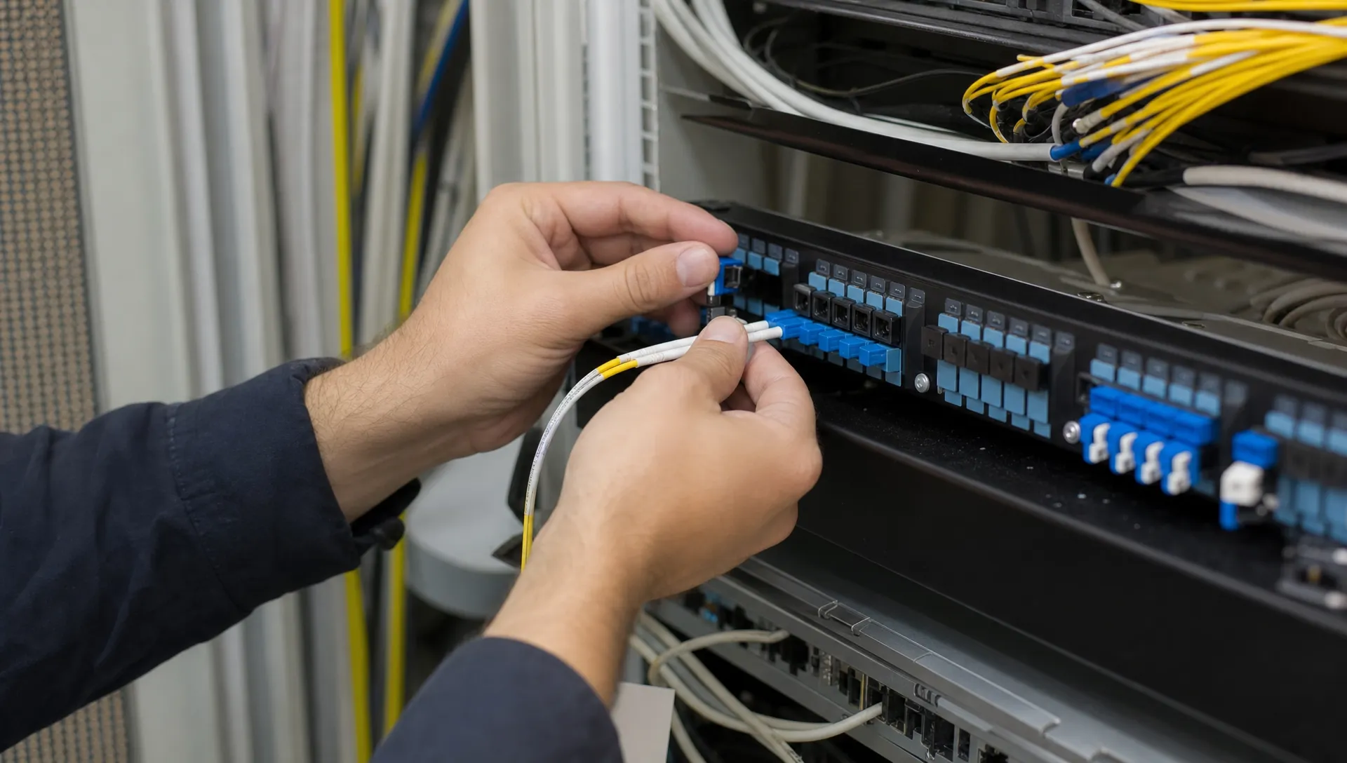 Close-up van handen die glasvezelconnectoren zorgvuldig plaatsen in een patchpaneel, met vezelbundels en patchkabels in een kleine technische ruimte.