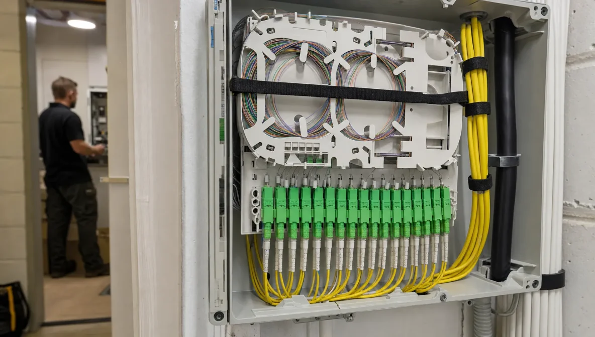 Een close-up van glasvezel in een technische ruimte, met een patchpaneel, bundels en connectoren die de verbinding dragen.
