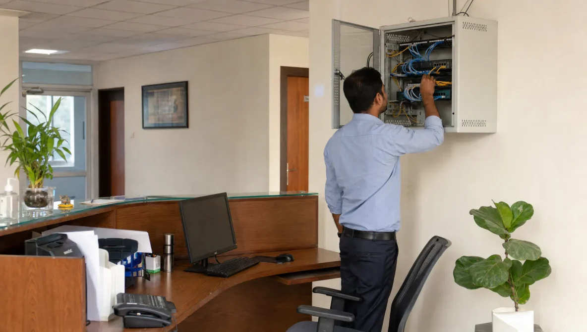 Een medewerker controleert een halfopen communicatiekast in een gewone receptiehoek van een regionaal bedrijf.