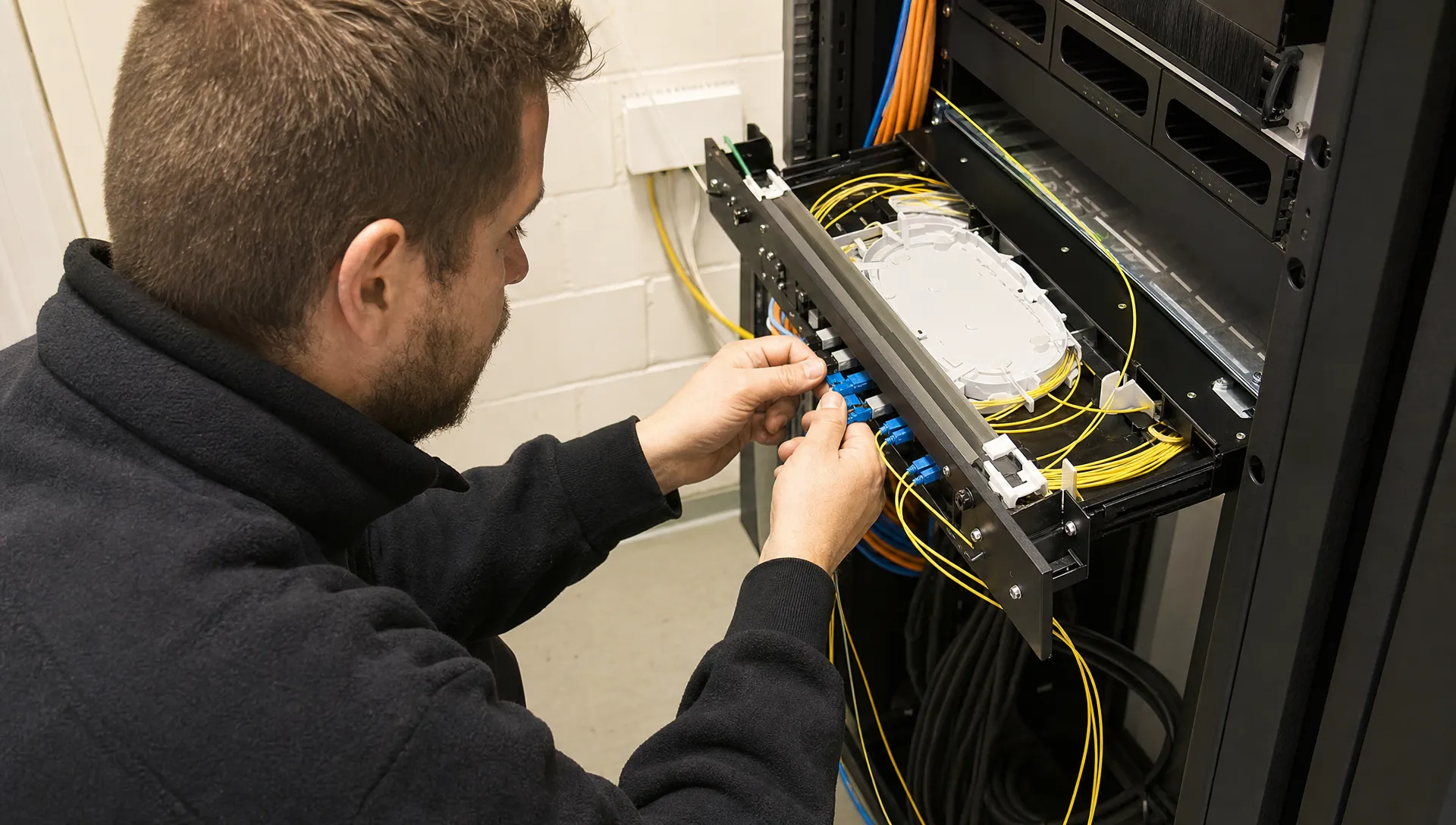 Een monteur sluit vezelbundels aan in een kleine technische ruimte van een regionaal bedrijfspand, met patchkabels en connectoren rondom de aansluiting.