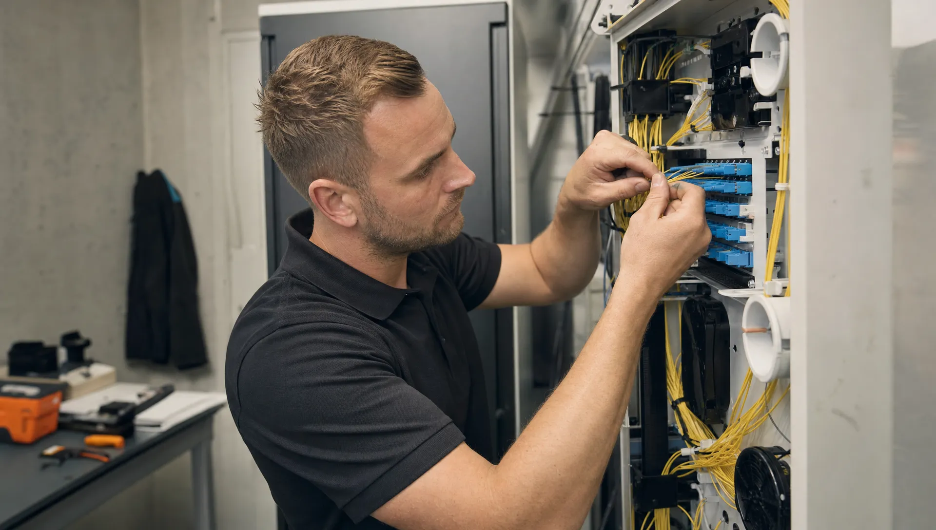 Een monteur werkt aan vezelconnectoren in een kleine technische ruimte van een regionaal bedrijfspand, met patchkabels en glasvezelbundels in het open patchpaneel.