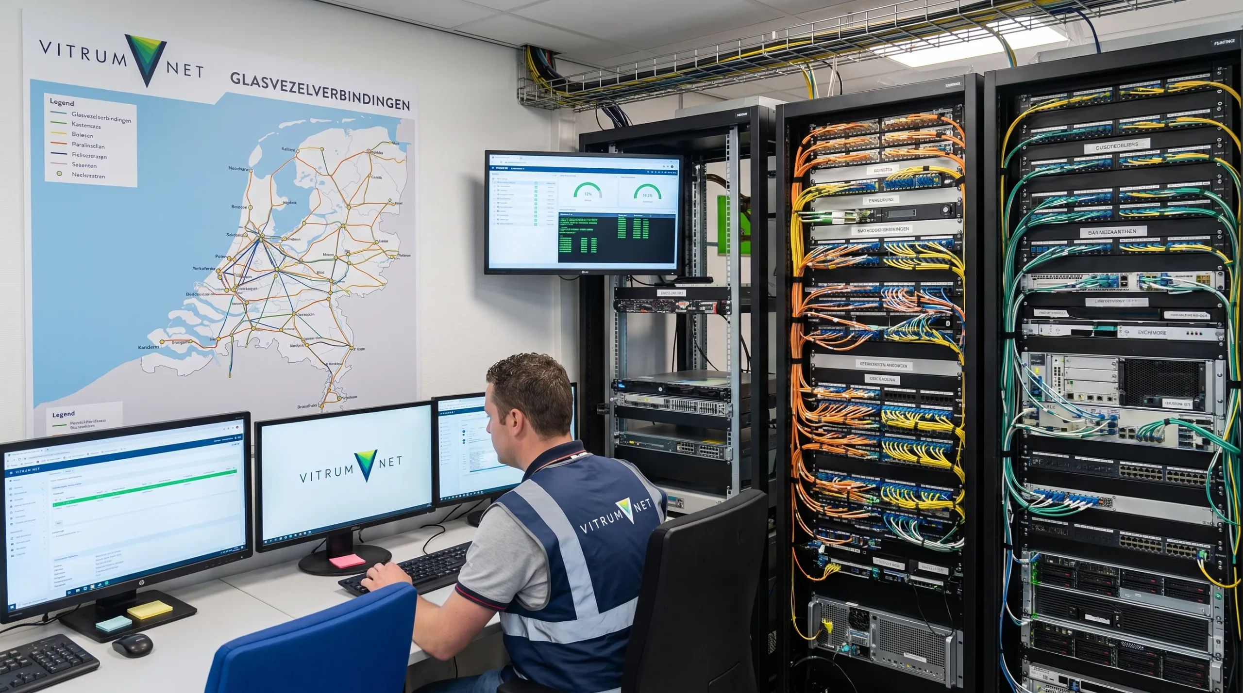 Een netwerkoperatieruimte met glasvezelkabels, patchpanelen, schermen en een wandkaart van verbindingen tussen locaties.