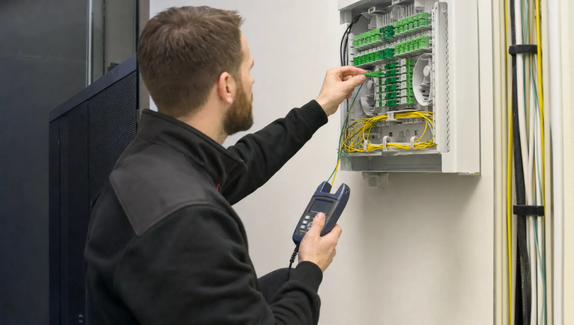 Een technicus traceert patchkabels in een kleine technische ruimte met een geopende glasvezelkast en zichtbare connectoren.