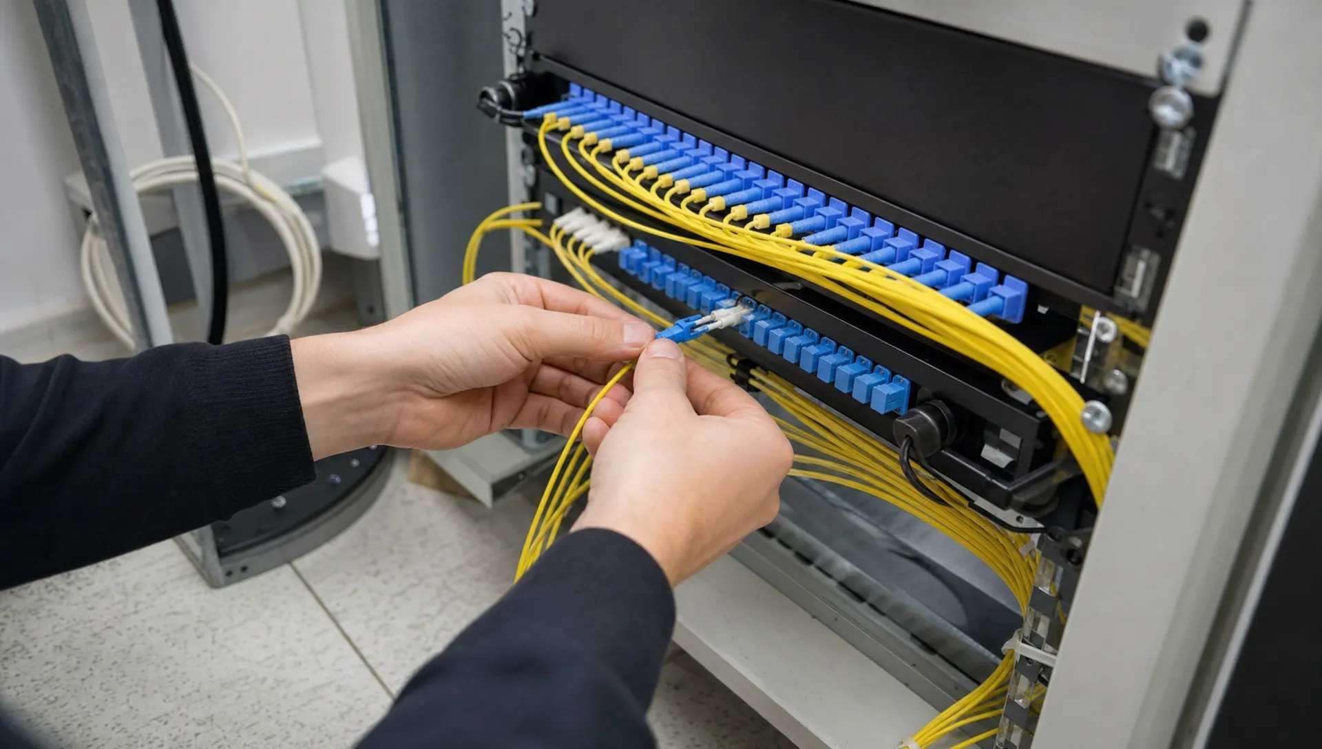 Glasvezelconnectoren en patchkabels in een kleine technische ruimte, terwijl handen een aansluiting in het patchpaneel plaatsen.