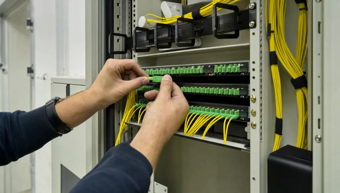 Handen plaatsen een glasvezelconnector in een patchpaneel voor een private verbinding tussen locaties.