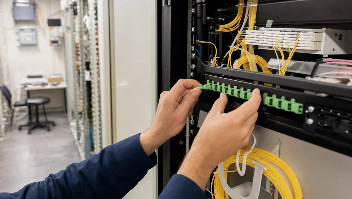 Handen plaatsen een glasvezelconnector in een patchpaneel in een kleine technische ruimte.