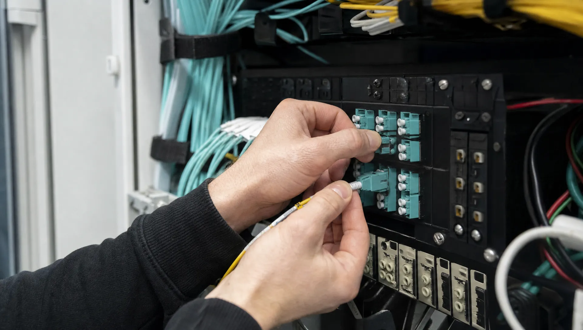 Handen plaatsen een glasvezelconnector in een patchpaneel in een kleine technische ruimte, met vezelbundels en patchkabels eromheen.