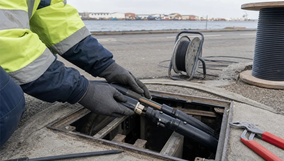 Hands guide a fibre duct into place during roadside installation near a quay, part of the regional glasvezelnetwerk.