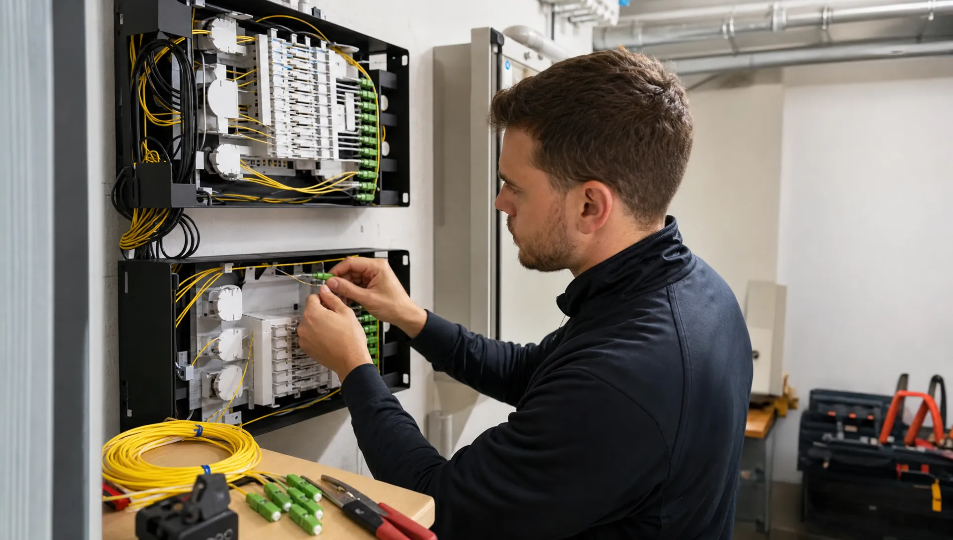 In een compacte technische ruimte werkt een monteur twee glasvezelverbindingen af op aparte patchpanelen, met bundels vezels en connectoren in beeld.
