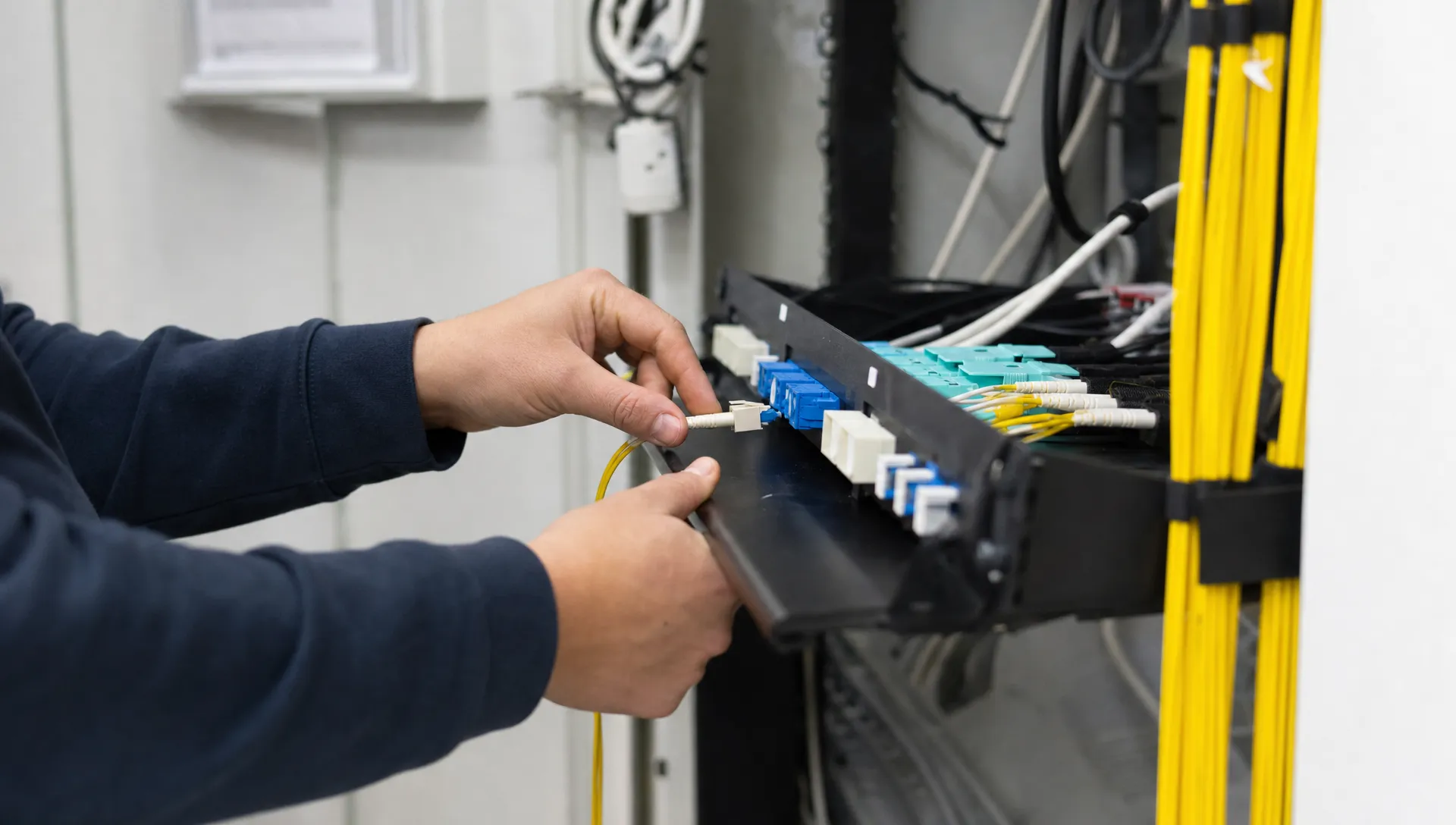 In een kleine technische ruimte plaatsen handen een glasvezelconnector in een patchpaneel, met vezelbundels en patchkabels rondom.