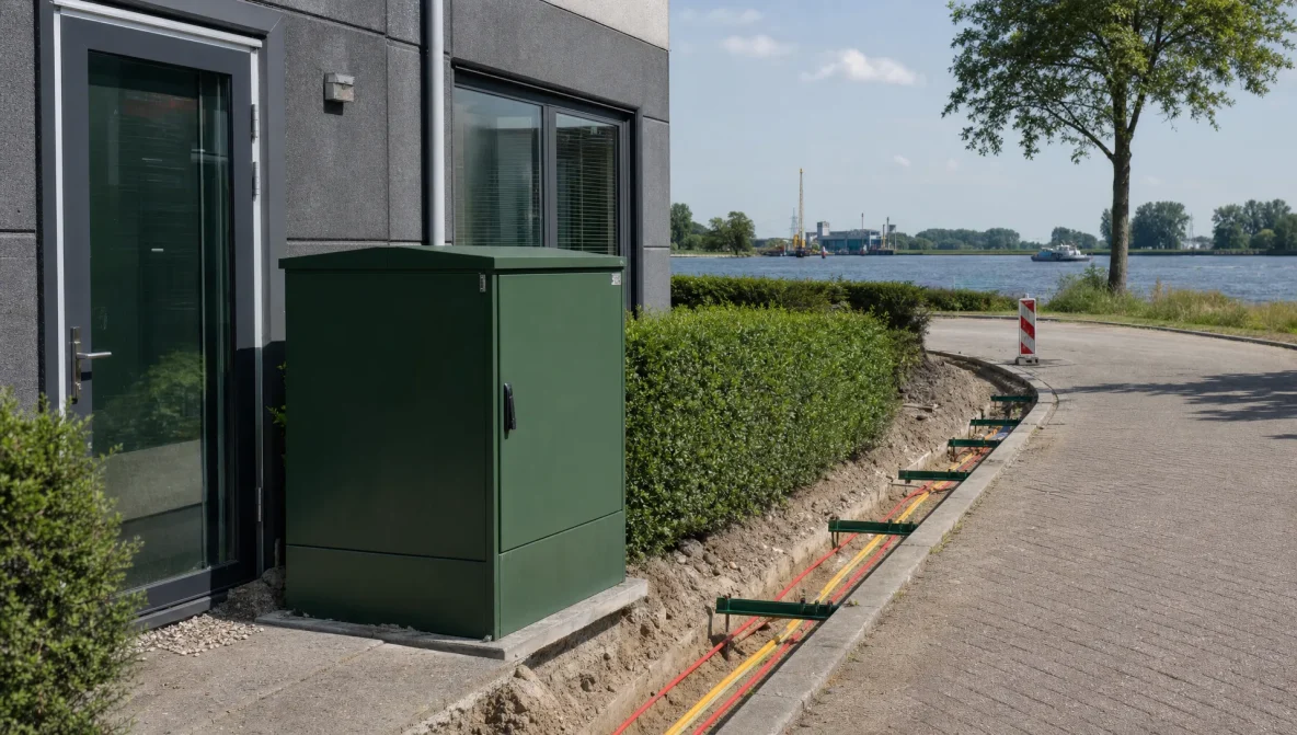 Street cabinet and open trench at a business park in the Drechtsteden, with river water and a dike in the background.