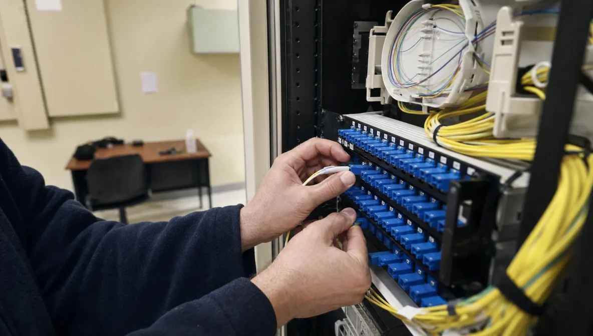 Technician hands seat a fibre connector in a patch panel, with bundled cables in a small technical room.