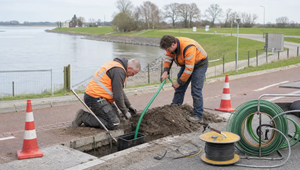 Technicians work beside a roadside trench on a fibre connection near the dike.