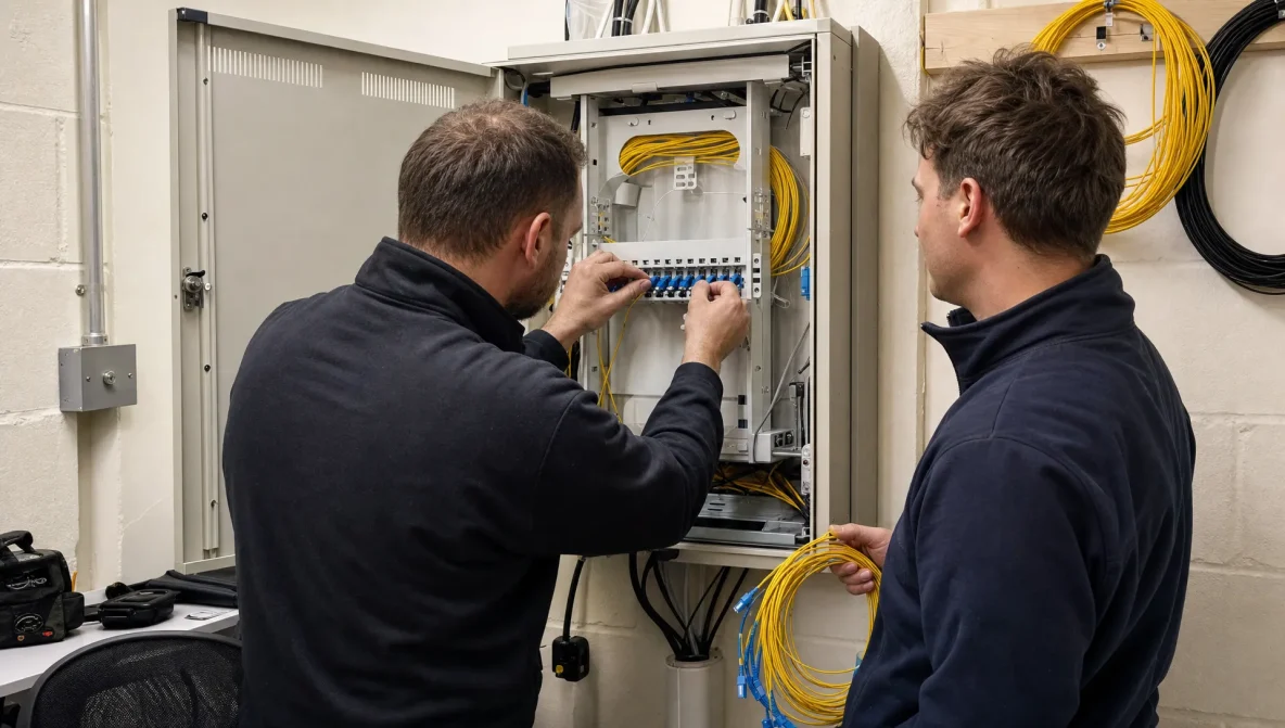 Twee technici werken aan een patchpaneel met glasvezel in een kleine technische ruimte.