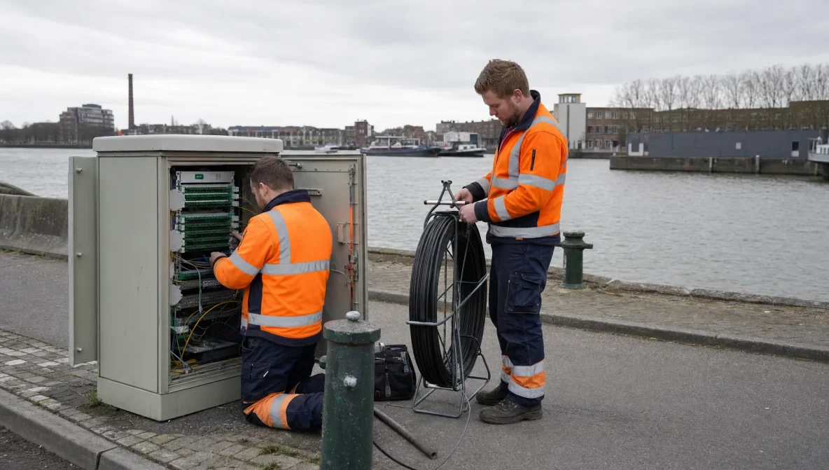 Two engineers work beside an open cabinet on a Dordrecht quayside, showing regional glasvezel work in progress.