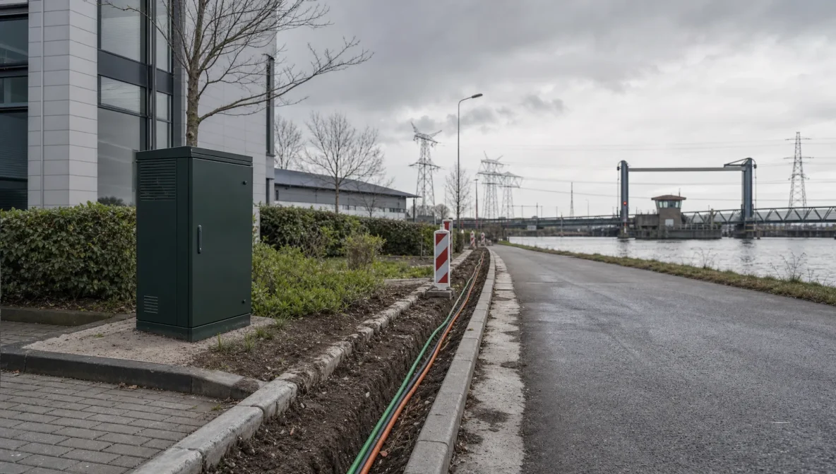 A street cabinet and trench beside a business park, with water and a dike in the Drechtsteden background.