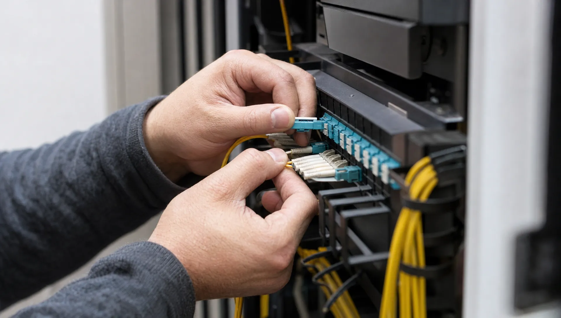Close-up van de handen van een monteur die een glasvezelconnector in een patchpaneel plaatst in een kleine technische ruimte.