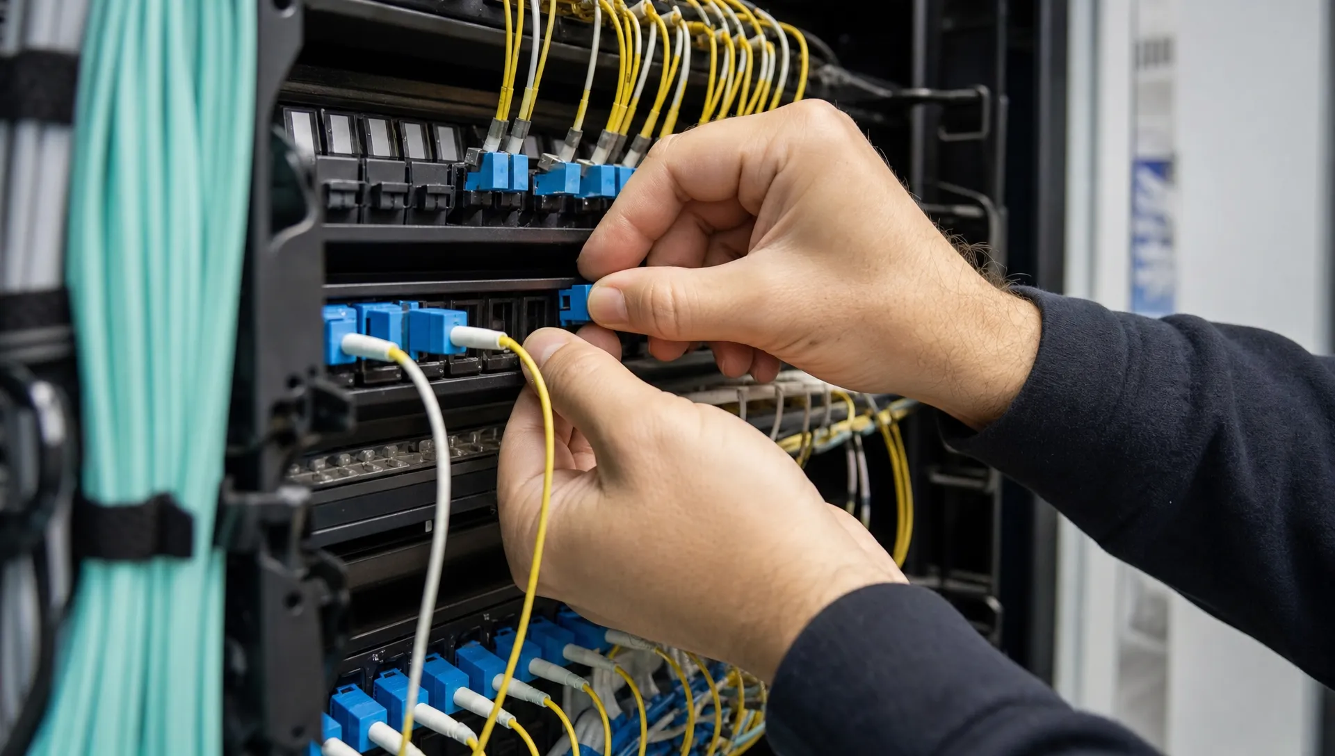 Detail van handen van een monteur die een glasvezelconnector in een patchpaneel plaatst in een kleine technische ruimte, met glasvezelbundels en patchkabels eromheen.