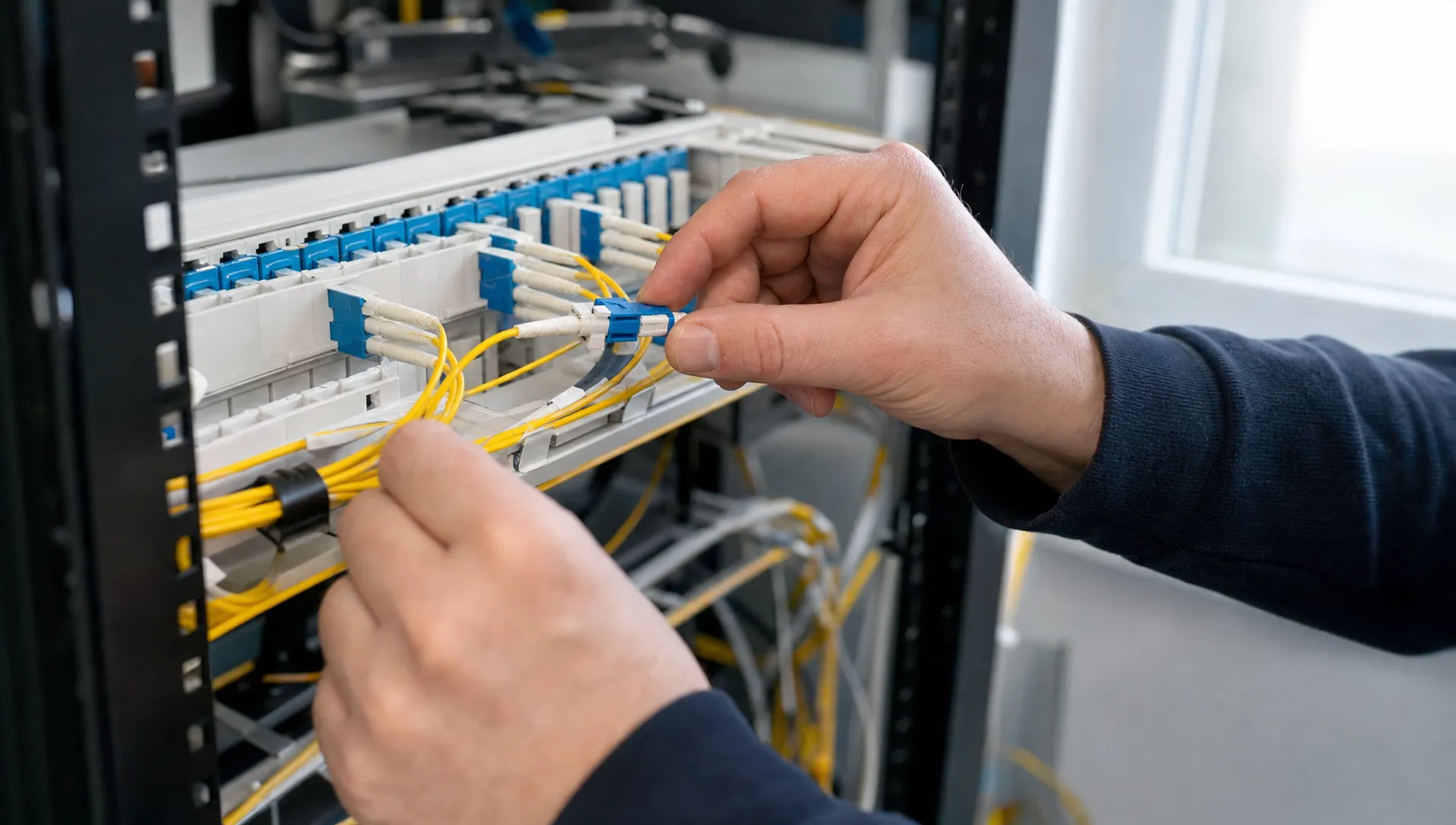 Detailopname van de handen van één monteur die een glasvezelconnector voor een dark fiber-verbinding in een patchpaneel plaatst, in een kleine technische ruimte van een bedrijfspand, met zichtbaar patchkabelmateriaal en natuurlijk Nederlands daglicht.