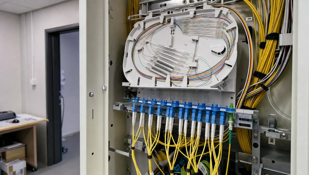 Een glasvezel-splice tray en patchkabels in een wandkast tonen de technische kant van zakelijk glasvezel.