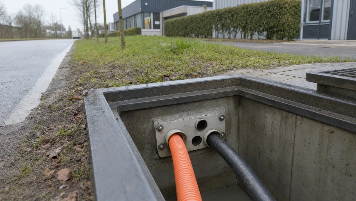 Een glasvezelkabel loopt een grondkamer in langs een weg bij een bedrijventerrein.