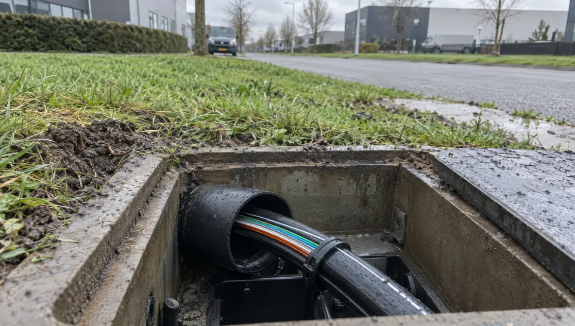 Een glasvezelkabel loopt via een beschermbuis een toegangskamer langs een bedrijventerrein binnen, als onderdeel van de regionale breedbandinfrastructuur.