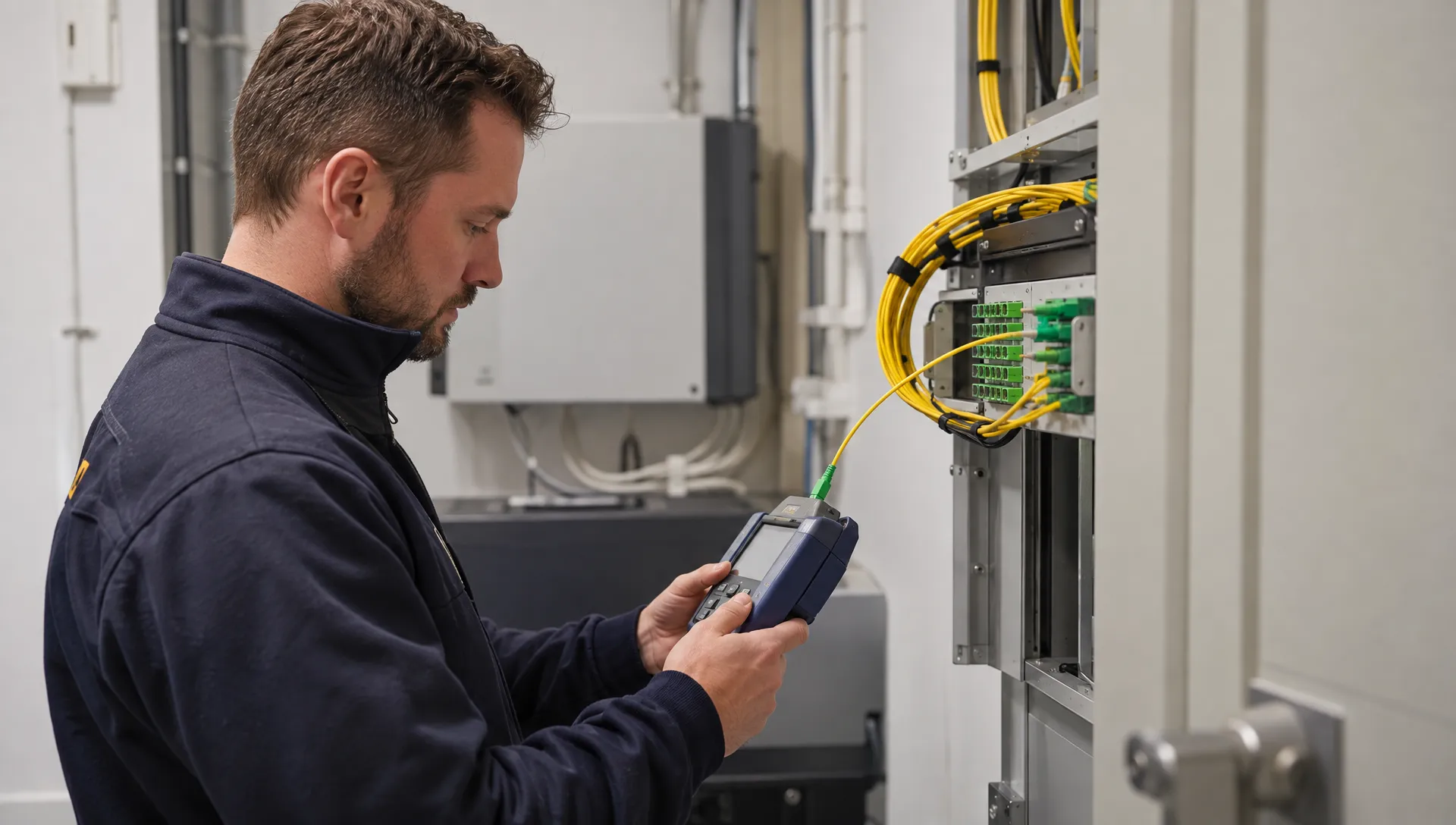 Een monteur controleert een aangesloten glasvezelconnector met een handtestapparaat bij een zakelijke aansluiting; patchkabels lopen vanuit het paneel naar een compacte technische ruimte.