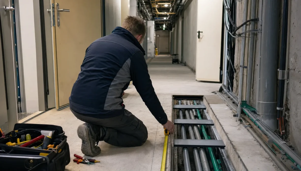 Een monteur meet een leidingroute in een gemeentelijk gebouw als voorbereiding op een zakelijke glasvezelaansluiting.