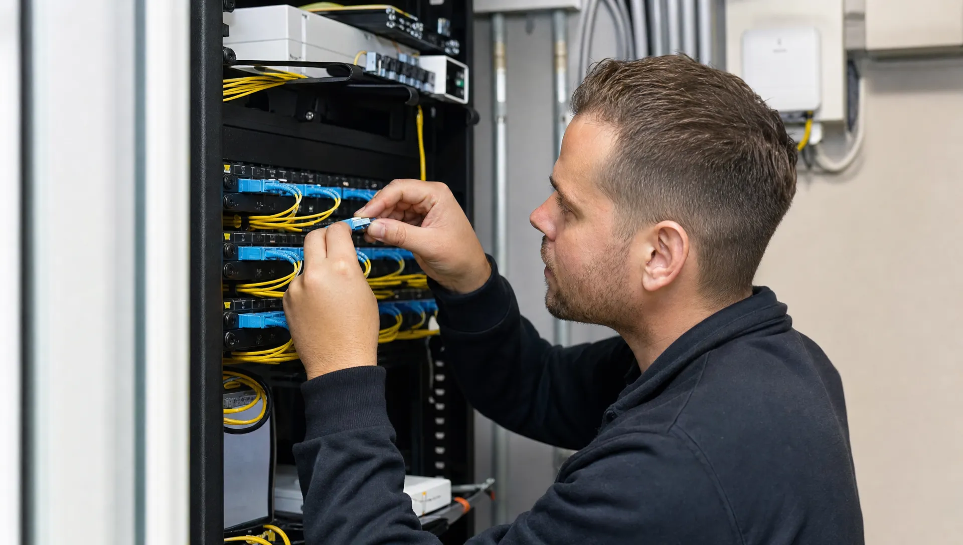 Een monteur plaatst een glasvezelconnector in een patchpaneel in een kleine technische ruimte in de regio Drechtsteden.
