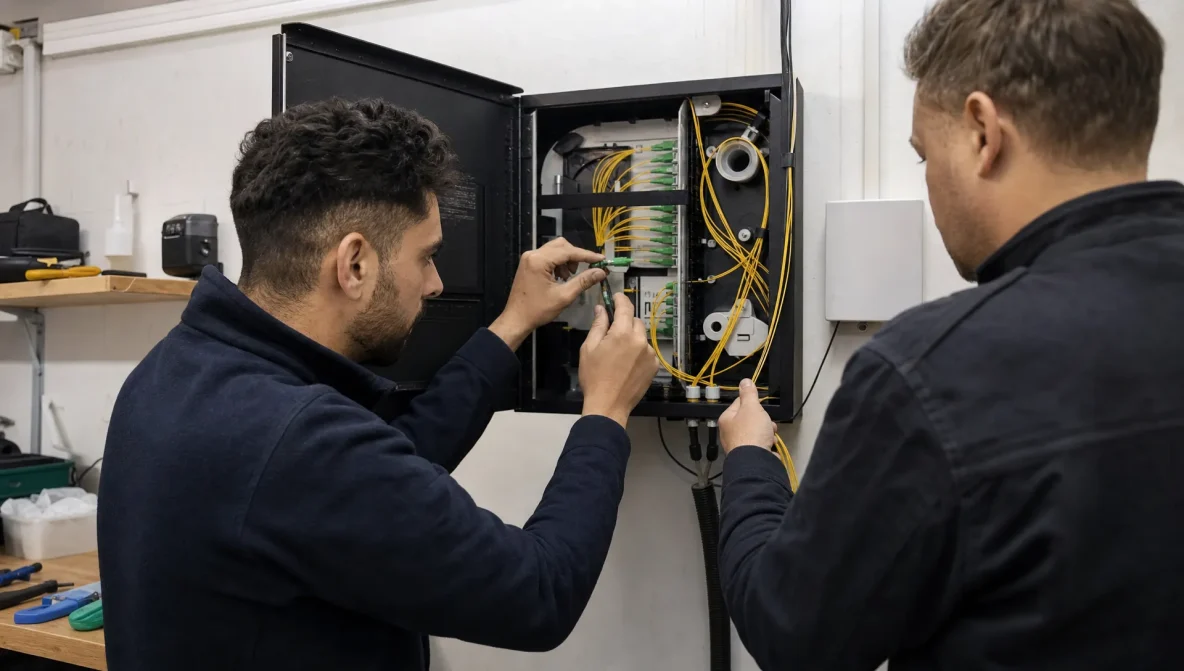 Engineers work on a fibre termination in a cabinet, illustrating how dark fiber is connected and managed.