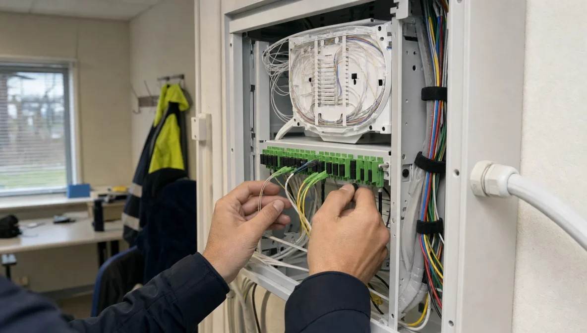 Glasvezelbundels en een patchgedeelte in een technische ruimte tijdens een netwerkverbinding.