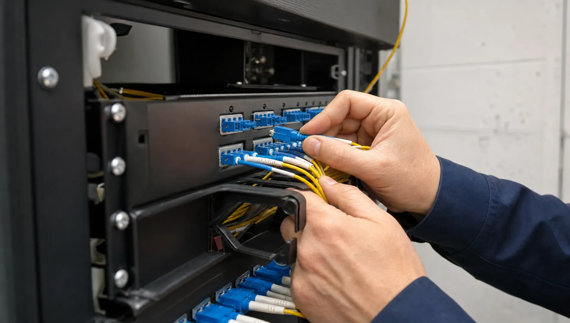 Handen plaatsen een glasvezelconnector in een patchpaneel in een kleine technische ruimte op een bedrijventerrein.