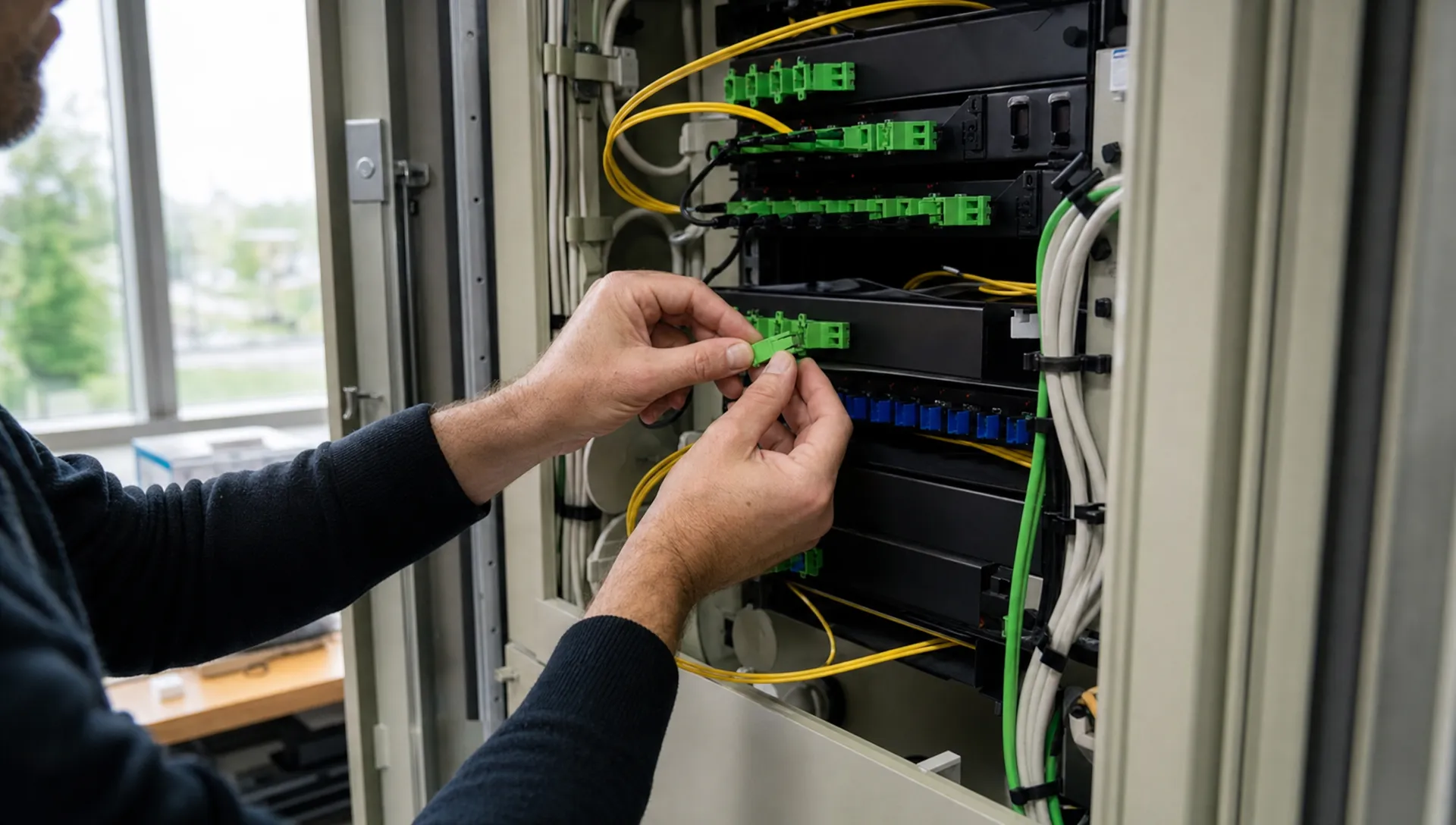 Handen plaatsen een glasvezelconnector in een patchpaneel in een kleine technische ruimte.