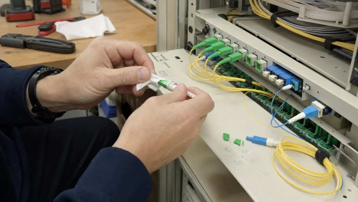 Handen plaatsen een glasvezelconnector naast een patchpaneel in een kleine technische ruimte.