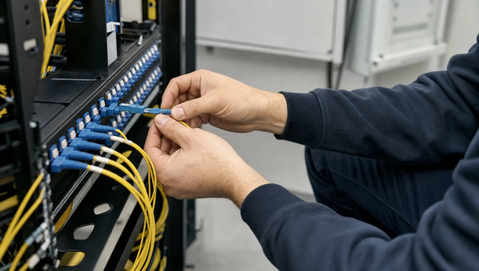 Handen van een monteur plaatsen een glasvezelconnector in een patchpaneel in een kleine technische ruimte.
