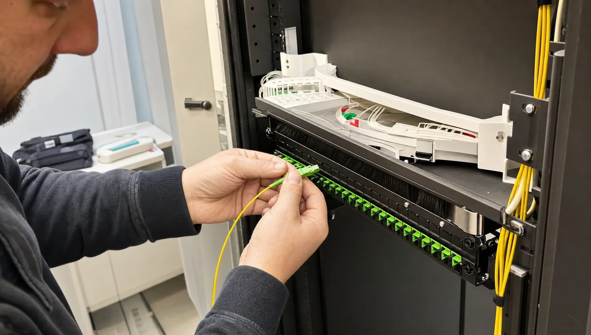 Handen van een monteur plaatsen een glasvezelconnector in een patchpaneel in een kleine technische ruimte.