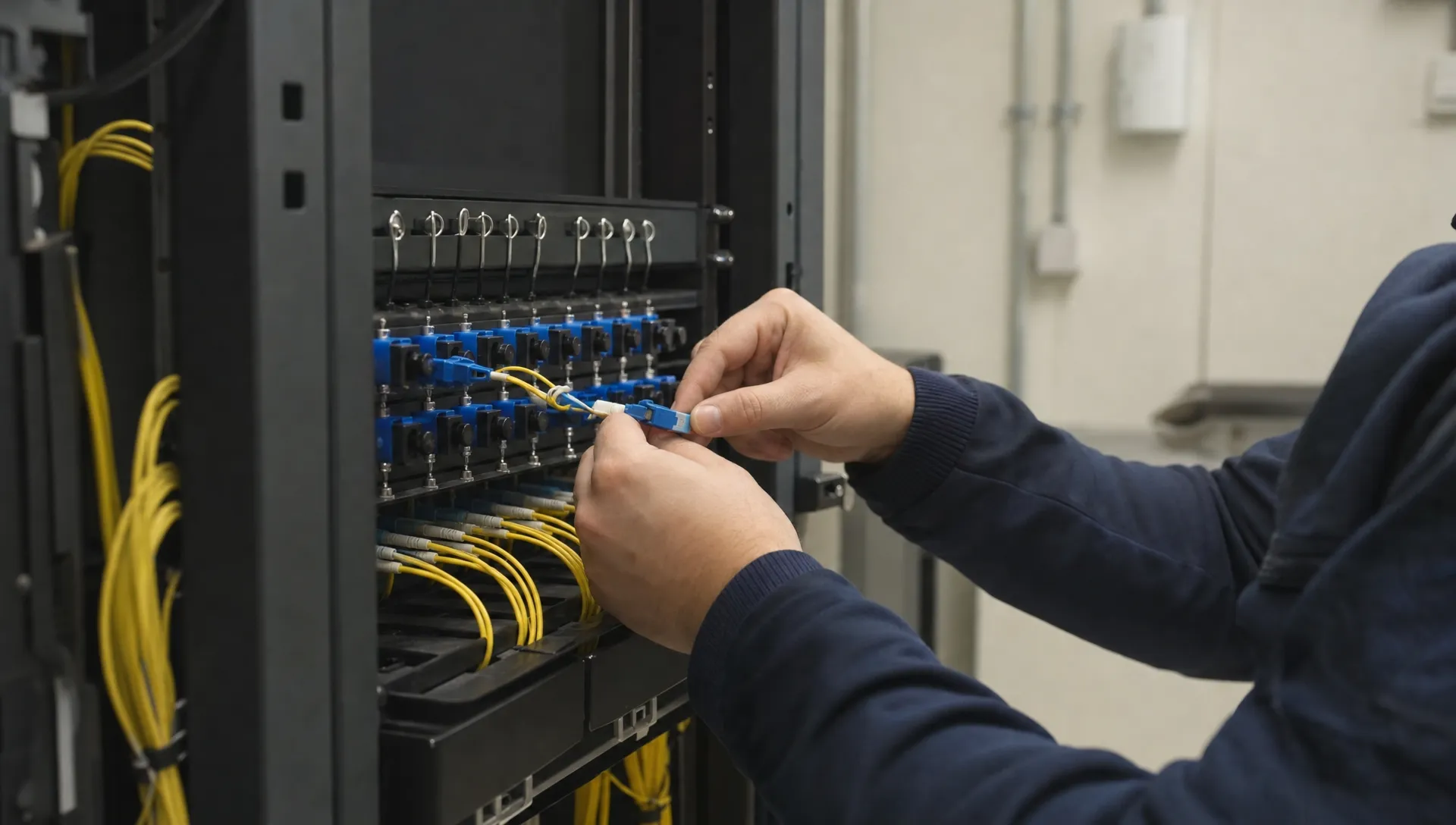 Handen van een monteur sluiten een glasvezelconnector aan op een patchpaneel in een kleine technische ruimte.