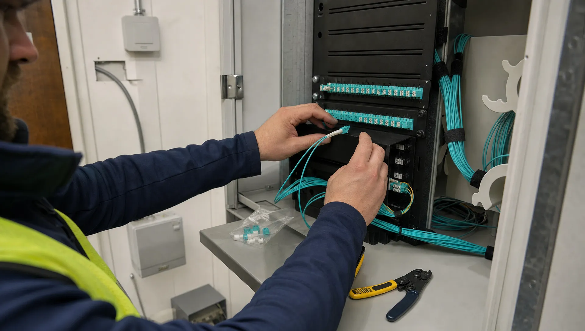 Monteurshanden plaatsen een glasvezelconnector in een patchpaneel in een technische ruimte van een bedrijfspand.