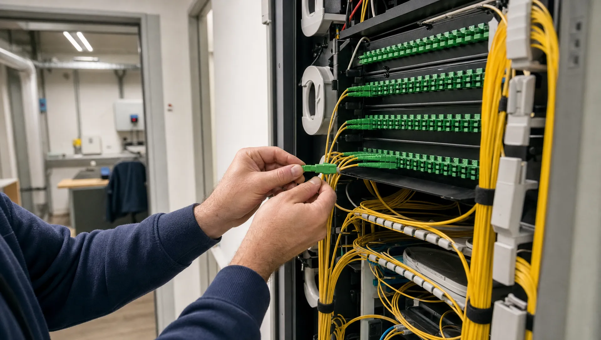 Technische handen sluiten een glasvezelconnector aan in een patchpaneel bij het overdrachtspunt.