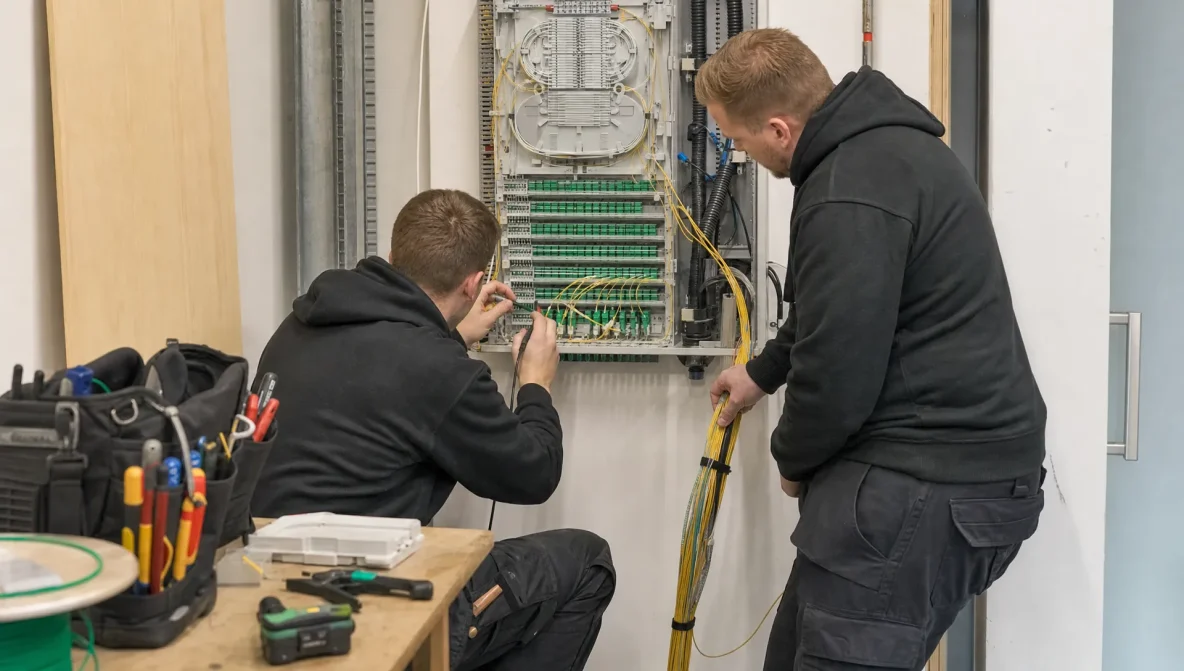 Twee technici werken aan een glasvezel patchpaneel in een kleine technische ruimte.